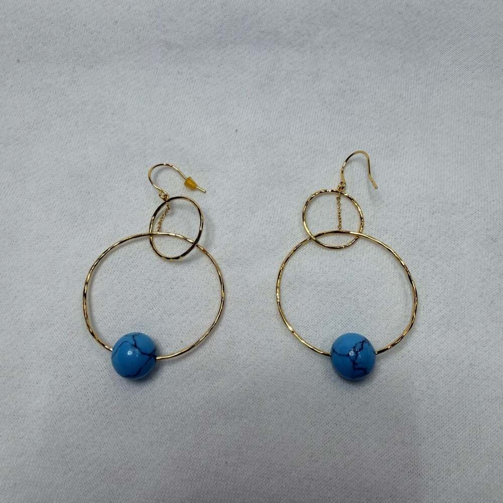 Gorjana Gold Tone Double Circle Drop Earrings w/Turquoise Colored Beaded Accents